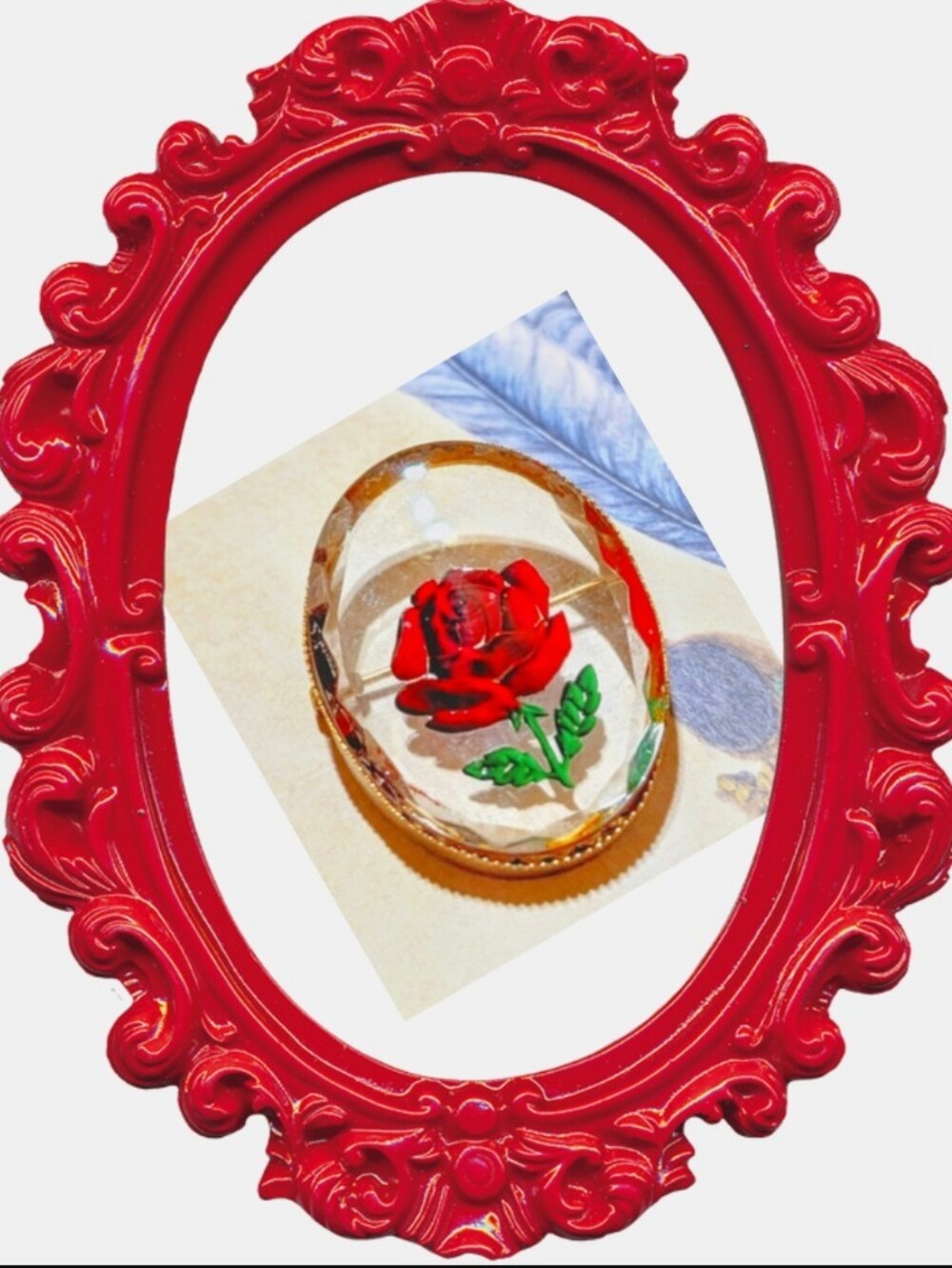 Vintage Glass Intaglio Reverse Painted 🌹 Brooch - Picture 5 of 6